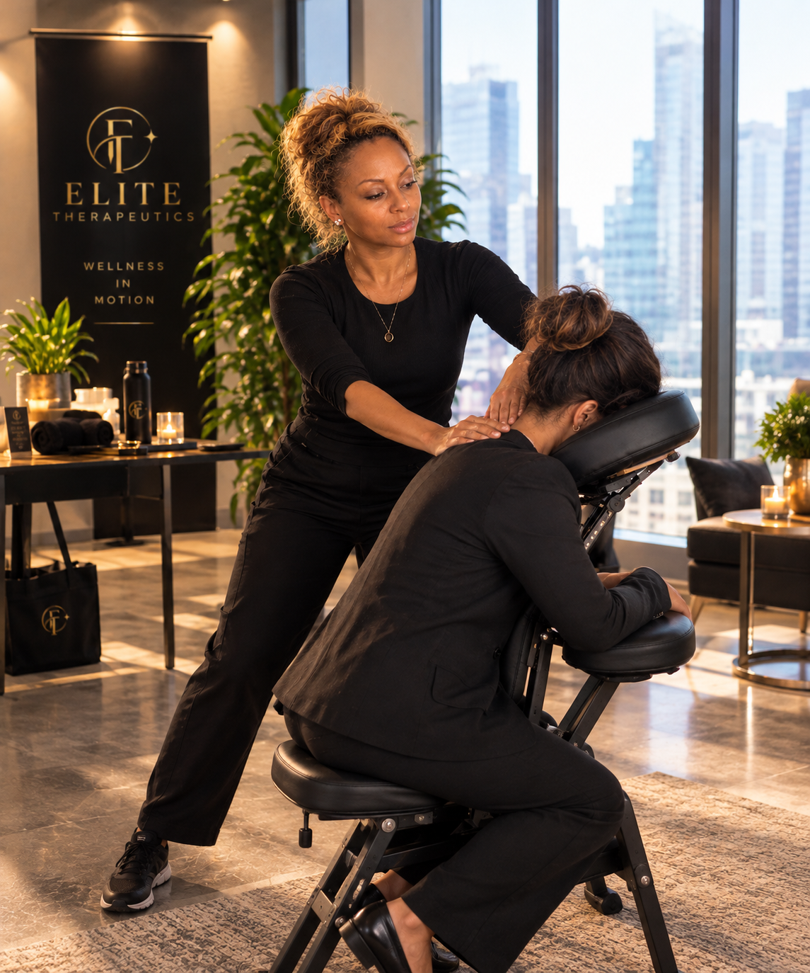 Ariane Kamba delivering on-site chair massage in a corporate wellness setting